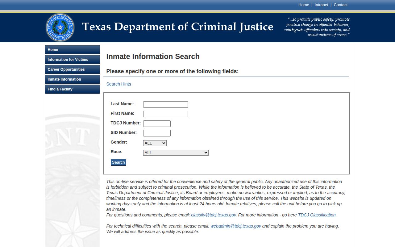 TDCJ Online Inmate Search form used to find projected release information