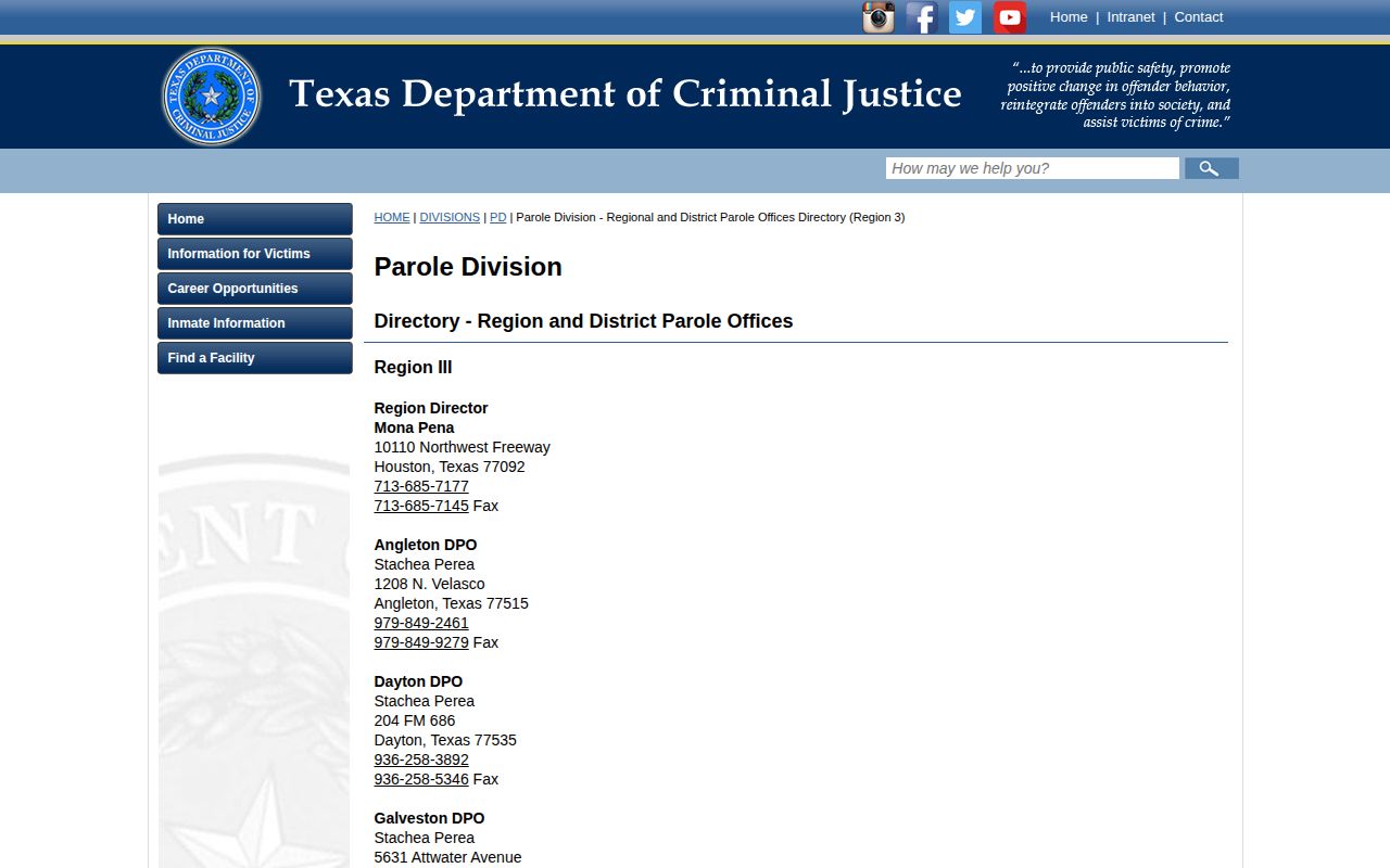 TDCJ Region III directory listing for the Galveston District Parole Office